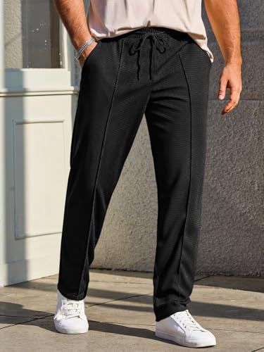Runcati Mens Casual Sweat Pants Pleated Drawstring Elastic Waist Waffle Straight Leg Joggers Sweatpants with Pockets2