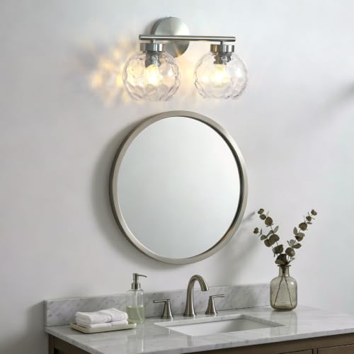 Image of Brushed Nickel 2-Light Bathroom Vanity Light Fixture Over Mirror, Hardwired