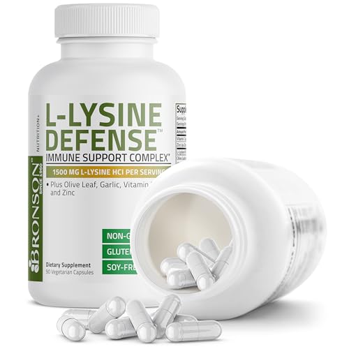Image of Bronson L-Lysine Defense Immune Support Complex 1500 MG L-Lysine Plus Olive Leaf, Garlic, Vitamin C and Zinc - Non-GMO, 90 Vegetarian Capsules