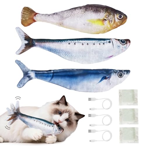 Ginyoyo Cat Toys Flopping Fish 3 Pack Rechargeable Cat Toys Interactive for Indoor Exercise with Catnip Moving Cat Toy 3 Flapping Mode 7.1 Inches Electric Realistic Plush Wiggle Fish