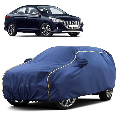 Image of Sulfar 100% Water Resistant Car Body Cover Compatible with Mirror for Hyundai Verna (Triple Stitched, Full Bottom Elastic, Blue Taffeta with Yellow Piping)