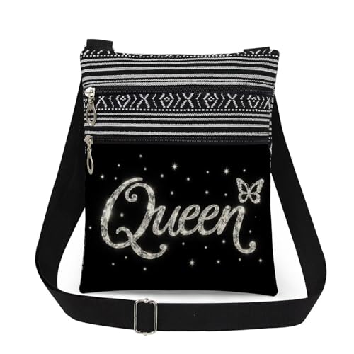 Queen Crossbody Bag with Adjustable Strap Glitter Queen Print with Butterfly and Stars for Women Birthday or Christmas​​ Gift for Sister's Travel Zipper Wallet