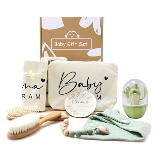 SHEGZHUC 8 in 1 Baby Geschenk Set Baby Erstausstattung Neugeborene Baby Nagelpflege Set Haarbürste Kamm Segeltuchbeutel Babylätzchen Schnullerclip Baby Meilensteinkarten Baby Pflegeset Neugeborene