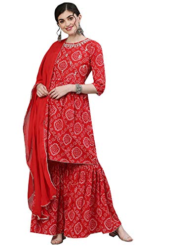 Image of ishin Women's Cotton Red Bandhani Jewel Neck Zari Embellished Peplum Kurta Set with Sharara and Dupatta