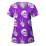 Tops de Moda Casual de las Mujeres Camisa de Halloween Una Camisa con cuello en V Impreso Top de Manga Corta para Camisa de Trabajo Blusas de Gran Tamaño para las Mujeres Sexy, C-morado, XL