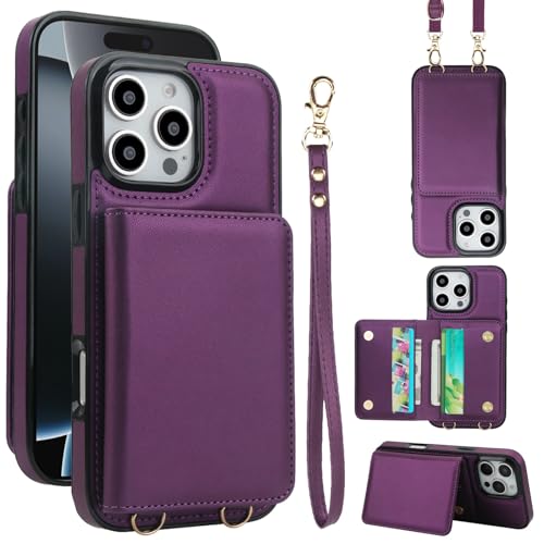 Étui portefeuille iPhone 15 violet en cuir et silicone avec bandoulière