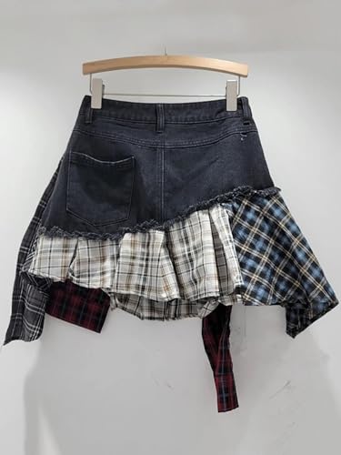 Women's Denim Skirt Patchwork Asymmetric Plaid Irregular High Waist Design Mini Skirts4