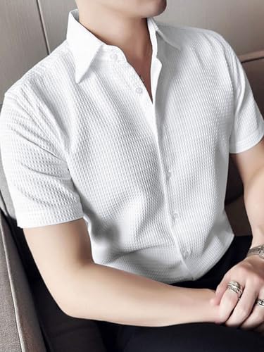 Image of GRECIILOOKS Shirt for Men | Mens Casual Shirt | Men Stylish Shirt | Men Waffle Shirt | Men's Regular Fit | Men Formal Shirt | Short Sleeve Shirt for Summer Outdoor Activities |Textured Shirts for Men