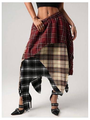 OYOANGLE Women's Plaid Asymmetrical Skirts Y2K Color Block Low Waist Layered Ruffle Long Skirt Concert Outfits2