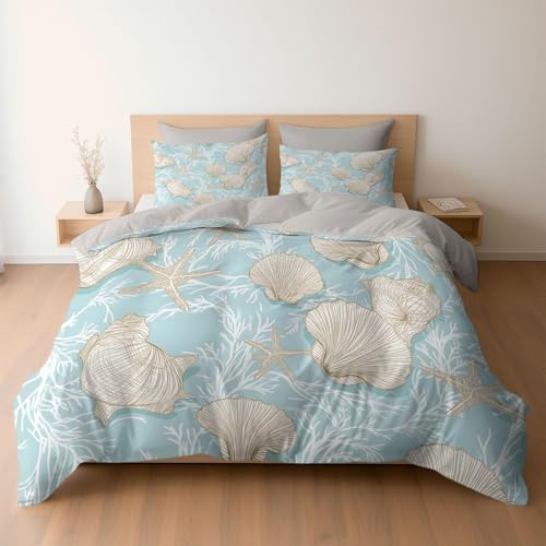 Funda Nordica de 3 Piezas para Cama 135 Concha de Estrella de Mar Funda Edredon 220x220 cm Azul Claro Ropa de Cama de Microfibra Transpirable con Cremallera y 2 Fundas de Almohada 50x75 cm C-4968