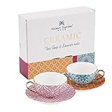 Taimei Teatime Porcelain Tea Cups and Saucers 6 oz, Set of 2, Bohemia Style Coffee Cup with Saucer...