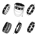 Tastetreasure 6 Stück Punk Rock Armbänder Set, Nieten Spikes Schwarz Leder Manschettenarmbänder, Gothic Grunge Emo Verstellbare Armbänder, Alt-Accessoires für Damen & Herren