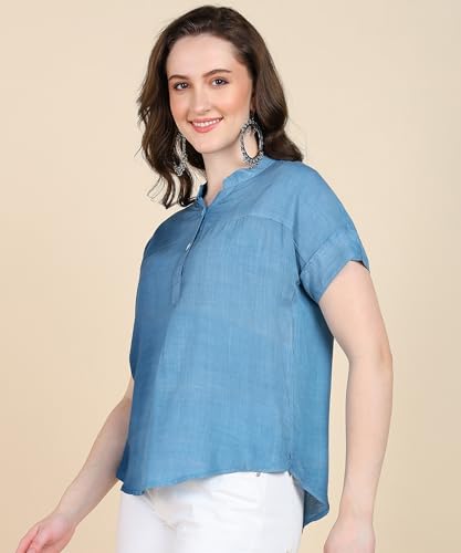 Image of Maaesa Women Handmade Regular Fit Tie-Dye Rayon Top | Casual Wear & Office Wear | Short Sleeve | Mandarin Neck | Lightweight & Breathable Fabric