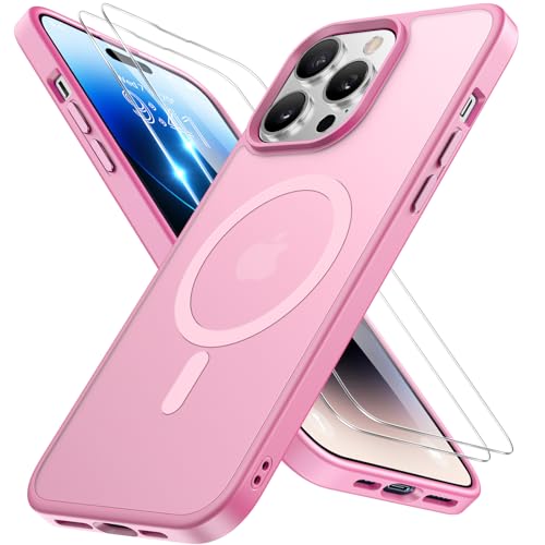 Image of Miracase Magnetic for iPhone 14 Pro Max Case 6.7 inch (Compatible with MagSafe)(with 2X Screen Protectors) Military-Grade Protection, Anti-Fingerprint Translucent Matte Phone Case Cover, Mes Pink