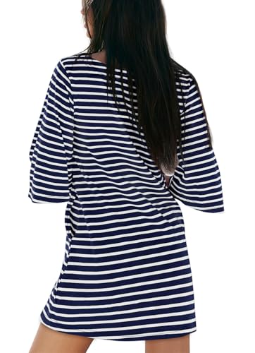 Image of Yousify Women's T Shirt Dress Cotton Summer Dresses 2026 Casual Loose Short Sleeve Striped Mini Dress with Pockets