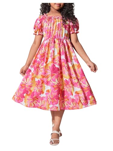 Girl's Floral Ruffle Summer Dress Short Puff Sleeve Square Neck A Line Midi Dresses