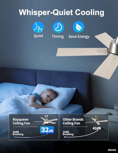 Image of Rayqueen 42Inch Brushed Nickel Ceiling Fans with Lights and Remote,Downrod