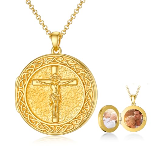 SOULMEET Personalized Large Round Crucifixion Cross Locket Necklace That Holds 2 Pictures Photo Silver/Gold Christianity Cross with Jesus Locket 1 Inch Photo Locket Gift for Woman Men