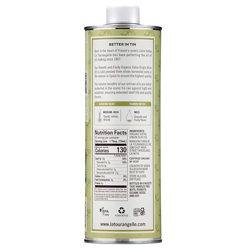 Image of La Tourangelle, Organic Extra Virgin Olive Oil, Cold-Pressed Early Harvest EVOO from Spain, Smooth & Fruity, 33.8 fl oz (1 Liter) - Spanish with Polyphenols for Cooking, Drizzling, Marinades, and Dipping