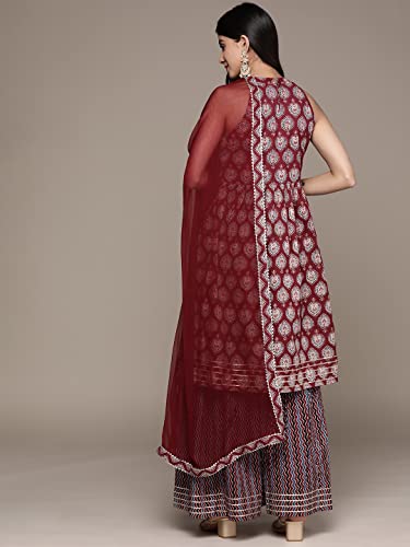 Image of ishin Women's Pure Cotton Maroon Abstract Printed A-Line Kurta suit set with Sharara & Dupatta