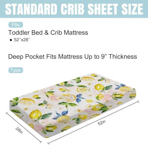 Image of Watercolor Lemons Leaves Baby Crib Sheets 52''x28'' Summer Lemon Boho Flowers Leaves Stretchy Fitted Crib Mattress Sheet for Boy Girl Fruits Soft Baby Sheets for Standard Crib and Toddler Mattresses