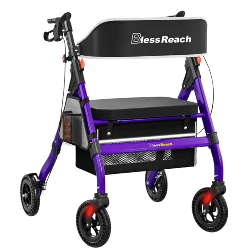 BlessReach Foldable Rollator Walkers with Seat for Seniors, 450 lb Capacity, 8'' Wheels, 18' Big Seat, 6-Position Adjustable Height, Heavy-Duty Aluminum Rolling Walker (Purple)