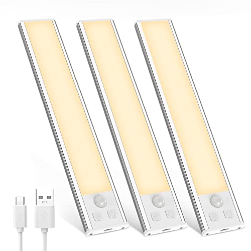 Image of 3 Pack Under Cabinet Lights, 32 LED Warm White Rechargeable Under Cabinet Lighting Motion Sensor LED Lights for Kitchen, Counter, Closet, Stairs (Silver - Warm White Light, 8.07 Inch - 3 Pack)