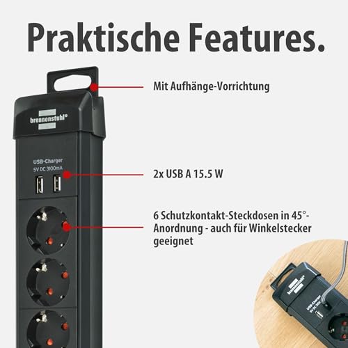 Brennenstuhl Premium-Line Steckdosenleiste 6-Fach (Mehrfachsteckdose mit 3m Kabel und Schalter, mit Aufhänge-Vorrichtung, 2-Fach USB 3,10A, Steckdosenleiste Wandmontage, Made in Germany) schwarz
