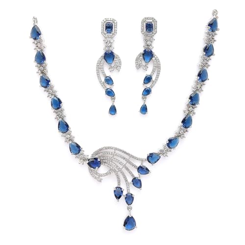 Image of ZENEME Rhodium Plated Silver Toned American Diamond Studded Paisley Necklace With Earrings Jewellery Set For Women & Girls