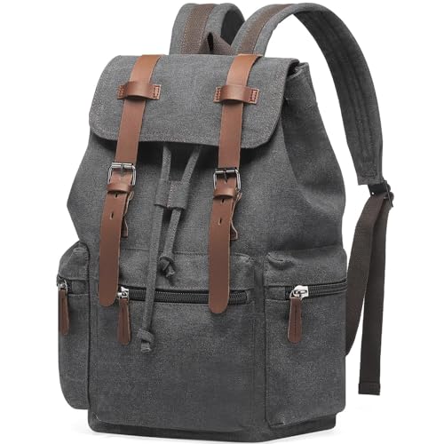 VAZUOOL Canvas Backpack for Men, Vintage Laptop Daypack Travel Rucksack Work College Computer Bag Bookbag Fits 15.6 Inch Laptop, Black