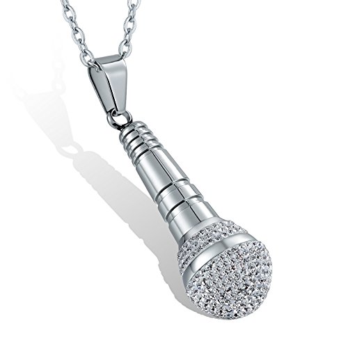 Collier microphone argent en acier inoxydable avec pendentif serti CZ