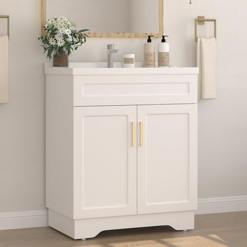 UpWiew Bathroom Vanity with Ceramic Sink, 32 Inch Double Door Bathroom Cabinet Vanity with Wooden Frame and Storage, White