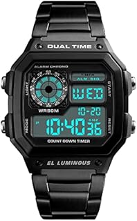 FeiWen Mens Fashion Digital Sports Watch Outdoor Military Multifunction 50M Waterproof LED Dual Time Simple Design Stainless Steel Wrist Watches