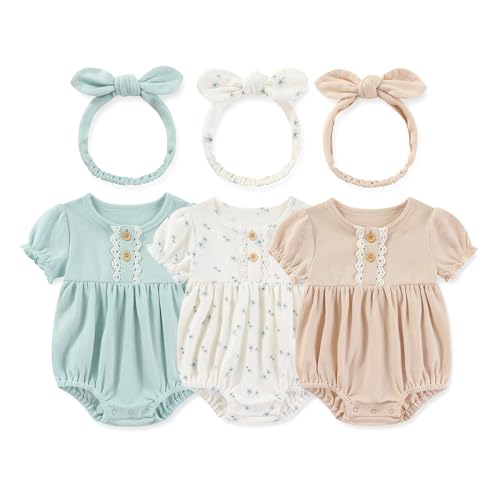 Image of MAMIMAKA Newborn Baby Girl Clothes Cotton Bubble Romper Floral Short Sleeve Bodysuit 3 Pack