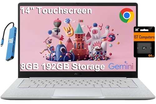 ASUS Chromebook CX1 Laptop (14' FHD Touchscreen, Intel Celeron, 8GB RAM, 192GB Storage (128GB eMMC+64GB SD Card)) Home & Student, Spill-Resistant, Military Grade, Wi-Fi, IST HUB, Chrome OS, CX1405CKA
