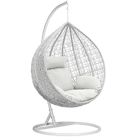 Blisswood Rattan Swing Egg Chair Garden Patio Indoor Outdoor Hanging Egg Chair With Cushion & Stand Indoor & Outdoor Egg Chair Upto 160kg Weight Capacity, White Egg Chair & White Cushion Cover