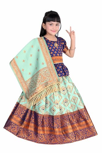 Image of Girls Pattu Pavadai Ready to Wear Lehenga, Blouse & Dupatta Set - Heavy Jacquard Fabric, Fully Stitched