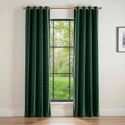 Image of Blackout Emerald Green Velvet Curtains Grommet 52x84 Inch 2 Panels | Soft Velvet, For Bedroom & Living Space, Light Shifting Texture, Elegant Drape, Classic