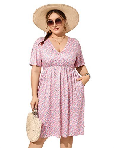 Image of ShopWonder Plus Size Dress Women's V Neck A-Line Knee Length Wrap Swing Dresses Plus Size A Line Party Mini Dress
