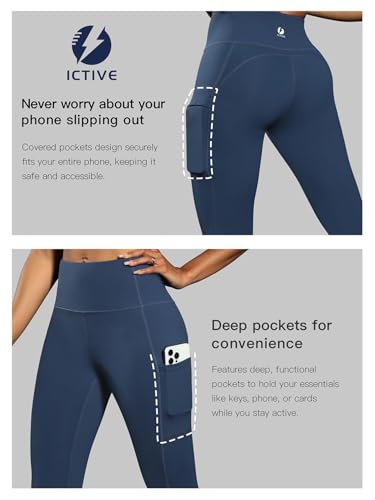ICTIVE Women's Athletic Leggings High Waisted Workout Yoga Capris with Hat Pockets Cropped Solid Color Activewear Sport Pant Running Tight Fit Lightin Pants DarkBlue M - image 5