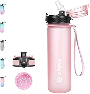 GOPPUS 500ml/17oz Water Bottles with Straw Sports Bottle with Fruit Filter Reusable Tritan Leakproof Drink Bottle with Time Markings Kids Water Bottles BPA Free Gym Water Bottle For Women Men