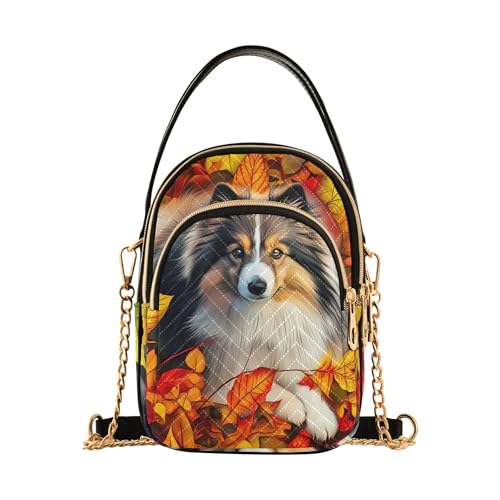 Dog Autumn Leaves Women Single Shoulder Purse Quilted Phone Wallet Chain Strap Purse Cute Zipper Lady Crossbody Bag