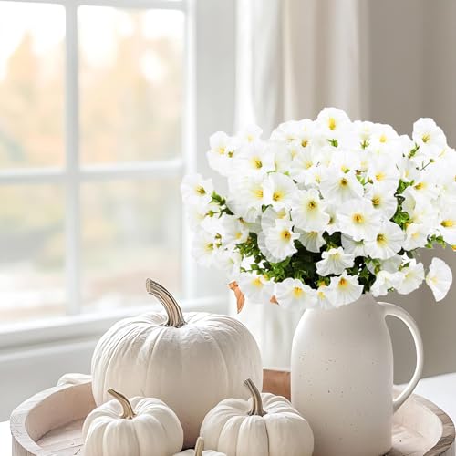12 Bundles Artificial Flowers for Outdoors Decoration, Fake Silk Morning Glory Flowers Faux Eucalyptus Plants UV Resistant for Patio Garden Home Decor (White) image 5