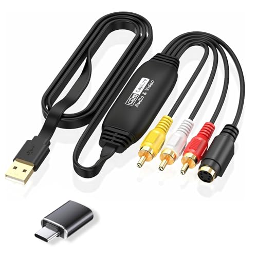 VHS to Digital Converter USB Video Capture Card with RCA & S-Video Input 1080P HD Audio Video Converter for Windows 11/10/Mac Convert VCR VHS Tapes to Digital 1m Cable