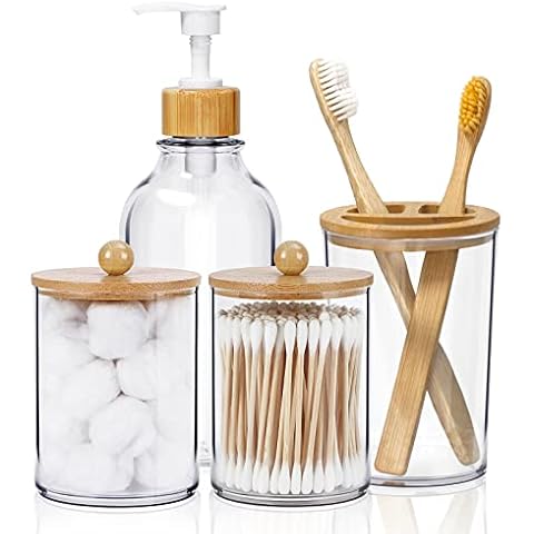 SGHUO 4pcs Boho Bathroom Decor, Bamboo Bathroom Container Accessories Set, Soap Dispenser, Toothbrush Holder, 2 Qtip Holder Jars, Boho Rustic Bathroom Decor Cover