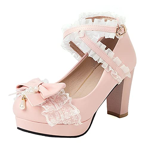 Women Fashion Sweet Bownot Lace Pearl Decoration Lolita Princess Single Shoes High Heels Cross Strap Maid Mary Jane Pumps