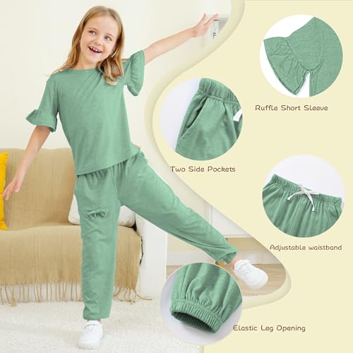 Image of Kids Girls Outfits Ruffle Sleeve T-Shirt Pants Set 2Piece 4-13 Years