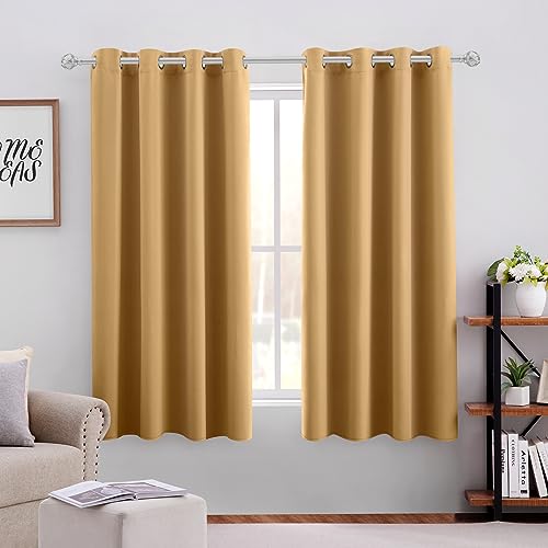 HOMEIDEAS Gold Blackout Curtains for Bedroom 52 X 63 Inch Length 2 Panels Set Room Darkening Bedroom Curtains, Soundproof Thermal Grommet Window Curtains for Living Room