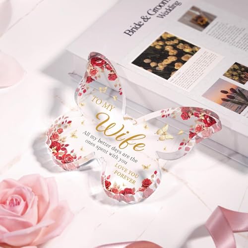 Image of Gifzy Romantic Wife Anniversary Birthday Gift Ideas, 5x5x0.5 Inch Butterfly Acrylic Plaque Decor, Mothers Day Valentines Christmas Wedding Present for Wife