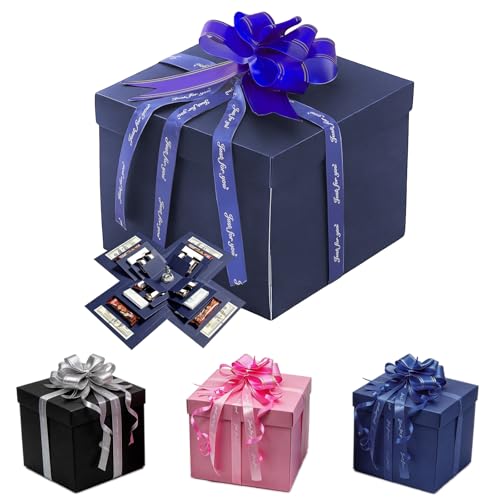 DIYCUT Explosionsbox Geburtstag 5 Ebenen Kreatives Überraschungsbox Geburtstag Explodierende Geschenkbox mit Seidenband Blaues Geschenke Box für Geburtstags Valentinstag und Hochzeit(Blau)